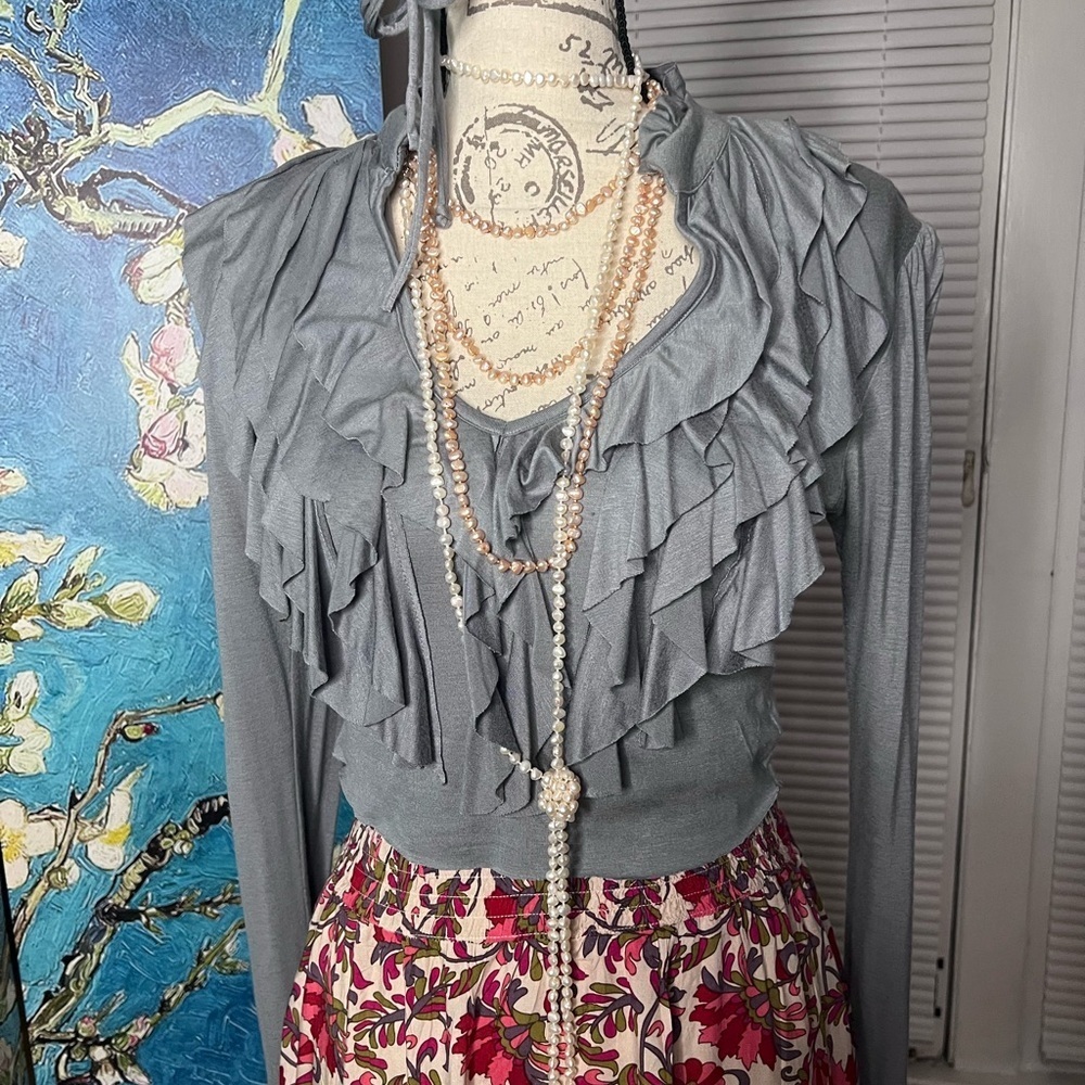 ruffled SZ M Arden B, elephant gray,, crop top blouse. - Picture 8 of 9